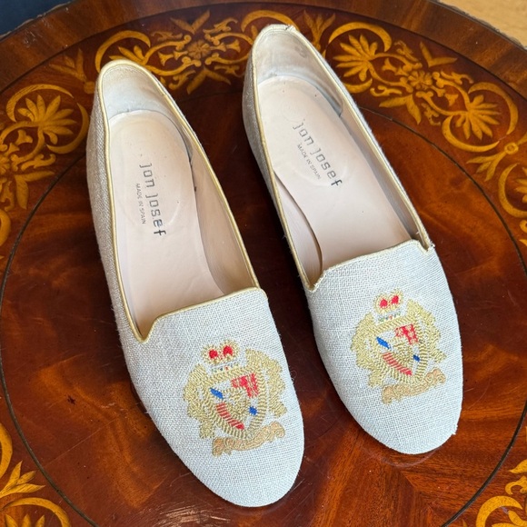 Jon Josef Gatsby Emblem Tan Linen Embroidered Flat Loafer Size 9 MSRP $195 - Picture 10 of 10